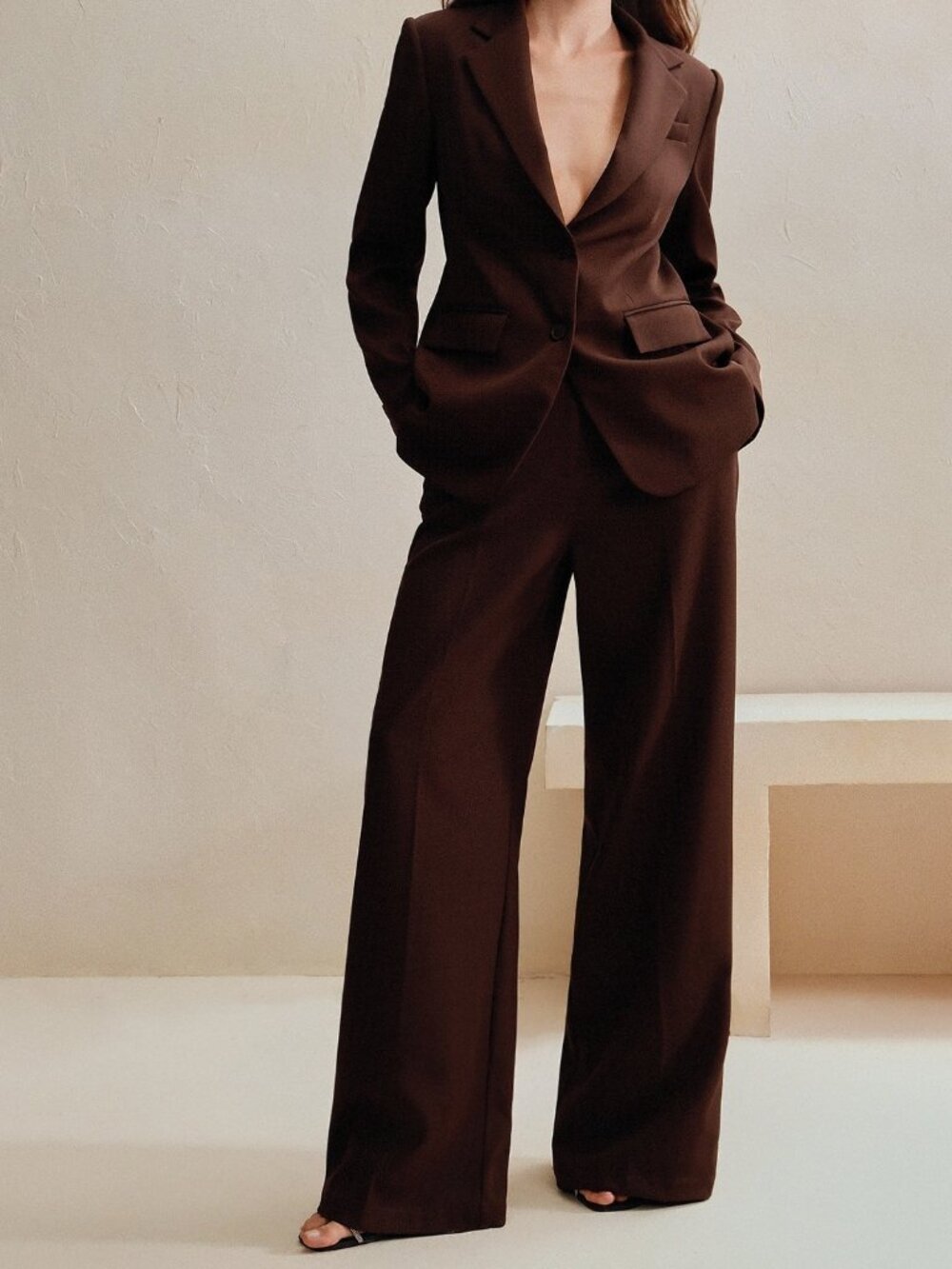 Coffee Brown Elegant Women's Regular Fit Long Long Pants & Jacket Set